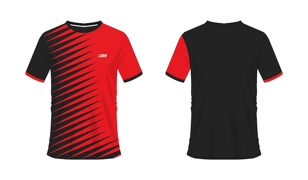 T-shirt vermelho e preto futebol ou modelo de futebol para clube de equipe em fundo branco. esporte de jersey.