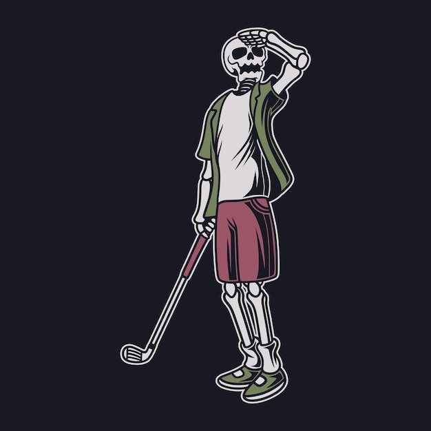 T-shirt vintage com desenho de caveira que olha a ilustração de golfe
