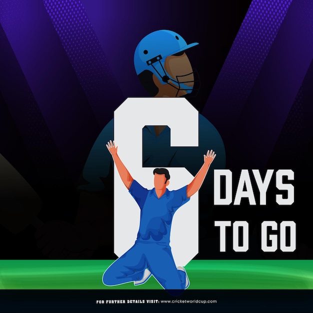 Vetor t20 cricket match 6 day to go baseado em desenho de poster com indiano bowler ou fielder jogador personagem em posição vencedora