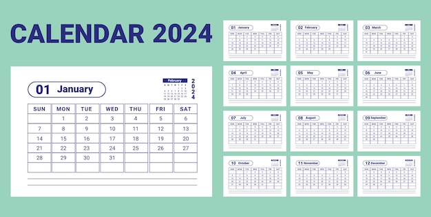 Vetor tabela mínima do calendário azul de 2024 modelo de vetor de design do calendário