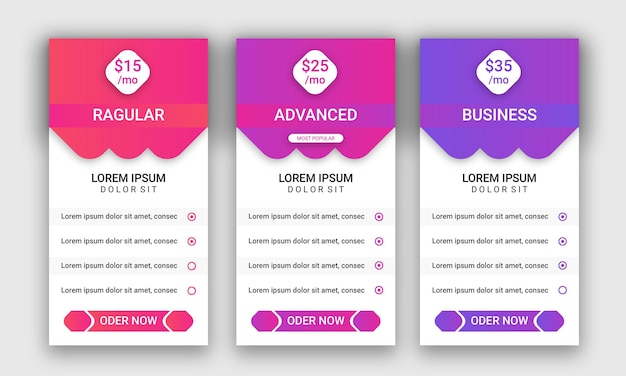 Tabelas de preços planejam modelo de gráfico de comparação plano de negócios e modelo de design de lista de verificação de banner da web