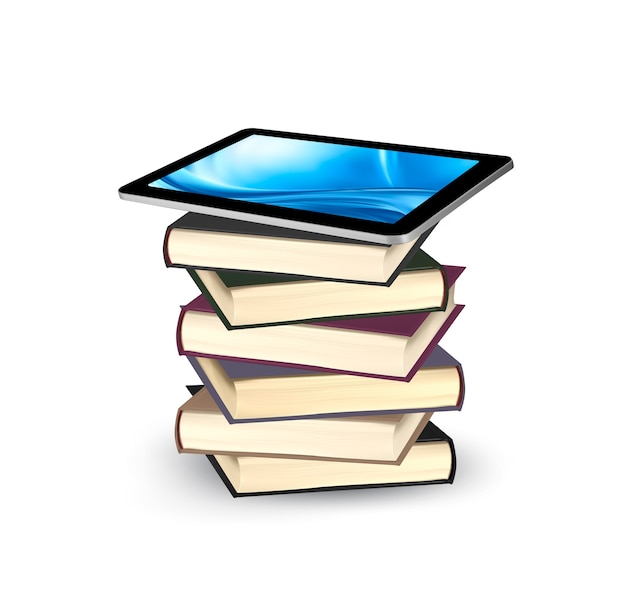 Vetor tablet em um estoque de livros isolado no branco