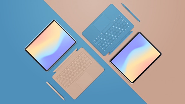 Tablet moderno com teclado e tela colorida, dispositivos e dispositivos de maquete realistas