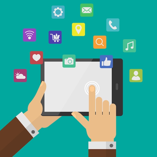 Tablet pc com ícones de mídia social e design plano de cursor de mão