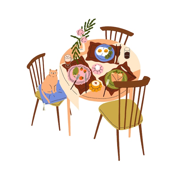 Tábua de jantar servida para pequeno-almoço refeição da manhã alimentos e bebidas gato bonito em cadeira em casa ovos fritos xícaras de café ilustração gráfica vetorial plana isolada em fundo branco