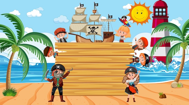 Tabuleiro de madeira vazio com muitos personagens de desenhos animados de crianças piratas na praia