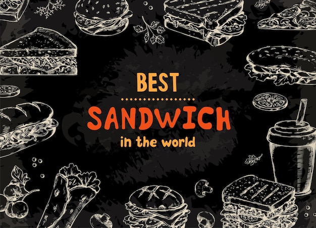Tabuleiro desenho de fast food desenhado à mão club sanduíche pizza e bagel Menu envolver estilo de esboço no tabuleiro para bar lanches brancos em preto Quadro de círculo fundo de ilustração vetorial