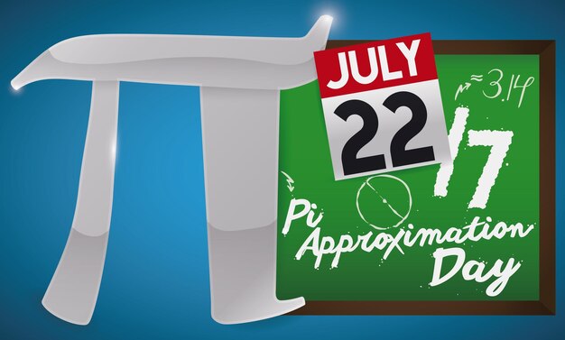 Tabuleiro prateado de símbolo de pi e calendário para o dia de aproximação de pi em 22 de julho