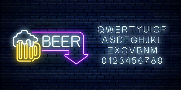 Tabuleta de bar de cerveja em néon brilhante em moldura retangular com seta e alfabeto na parede de tijolo escuro