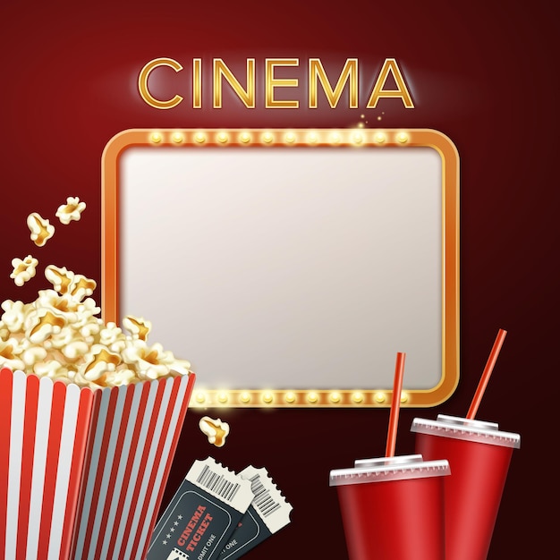 Tabuleta de cinema com pipoca, ingressos e bebidas