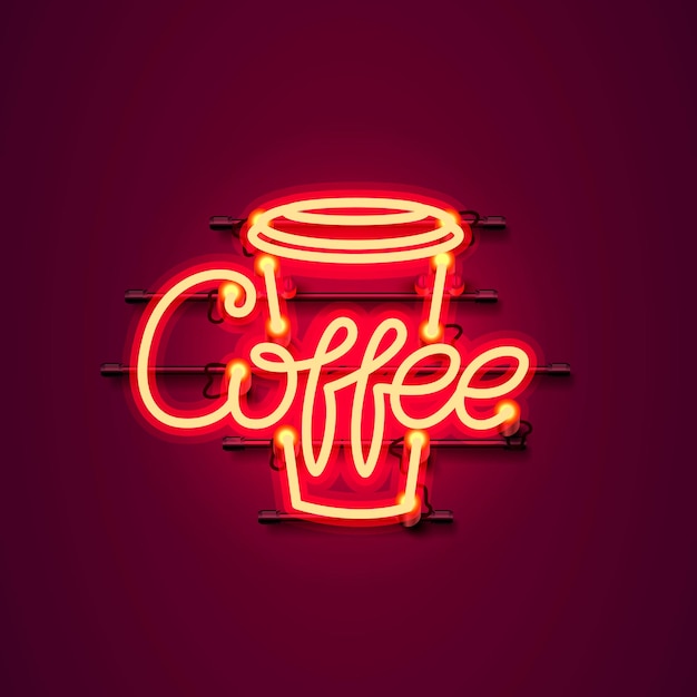 Tabuleta de ícone de texto café neon sobre fundo vermelho. ilustração vetorial