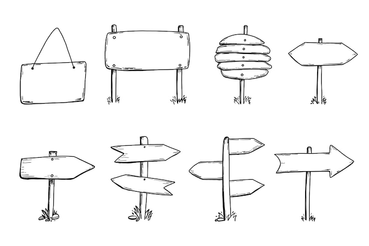 Vetor tabuleta desenhada à mão estilo de esboço de sinal de direção de madeira doodle ponteiro de desenho vazio espaço de cópia para placa de sinalização de texto com setas maneira ponteiro informações post ilustração vetorial isolada