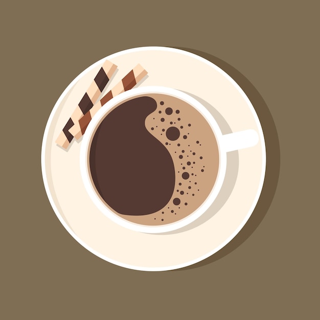 Taça de café com sobremesa em um prato Vista superior Ilustração vetorial
