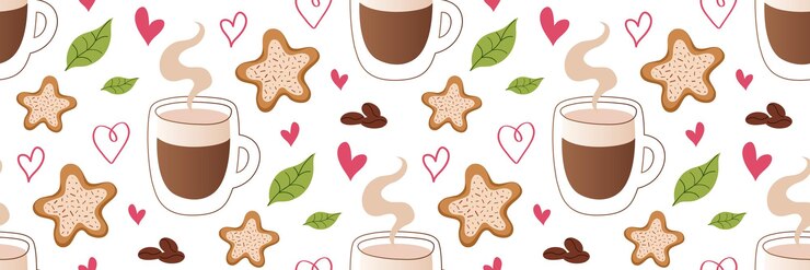 Vetor taça de cappuccino e biscoitos padrão sem costura festas de café de inverno aconchegantes fundo de natal