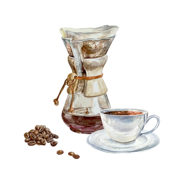 Taça de filtro de café com prato grelhado feijão castanho aquarela convites cartazes para cafés bandeiras