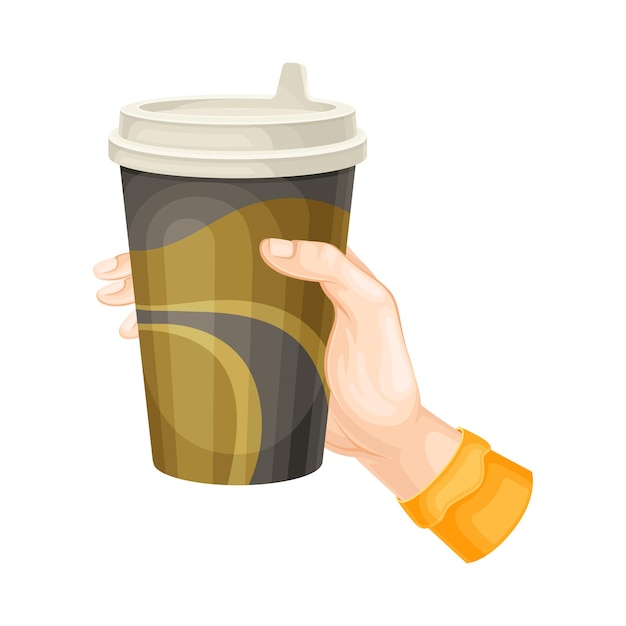 Taça de papel de mão humana com ilustração vetorial de bebida de café