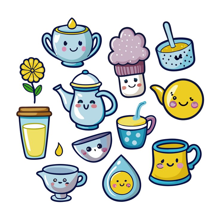 Vetor taças de chá de desenho animado, canecas e chaleiras com rostos felizes.