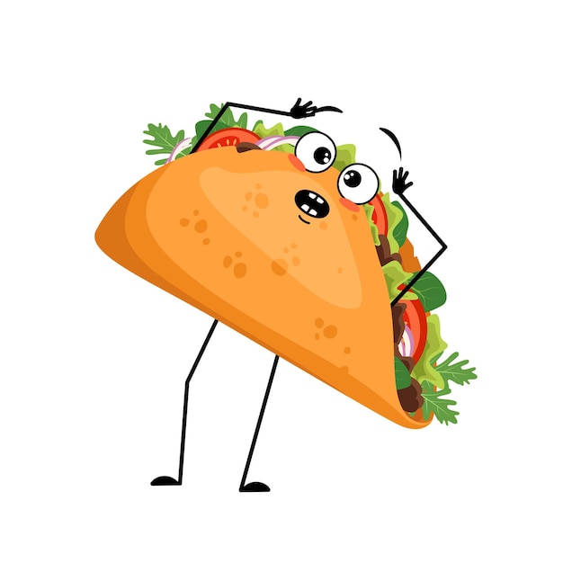 Taco mexicano de personagem fofo com emoções em pânico agarra sua cabeça, rosto surpreso, olhos chocados, braços e pernas. pessoa de fast food com expressão melancólica, sanduíche com pão achatado.