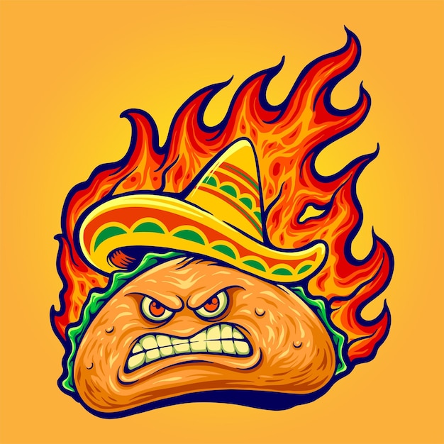 Taco mexicano delicioso com raiva com ilustrações de fogo ardente