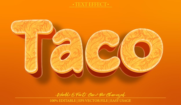Taco Vector Efeito de Texto Editável Alfabeto Laranja Carne Mexicana Alimentação Lanche Pimentado