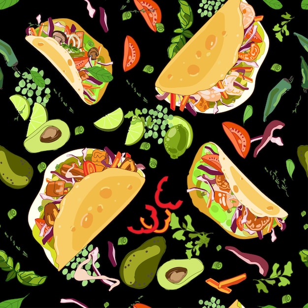 Vetor tacos sem costura padrão tacos de cozinha tradicional mexicana com recheios diferentestacos vetor comida