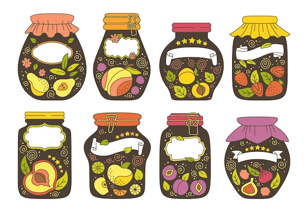 Tag ou etiqueta do frasco com conjunto de frutas doodle. etiqueta de atolamento de embalagens. desenhos animados suco de ameixa de pêssego, maçã de damasco.