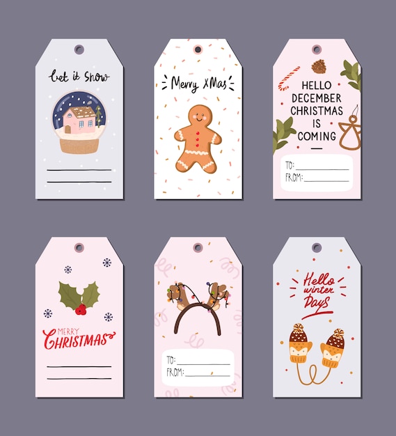 Tags de presente de saudação de natal conjunto com elementos de inverno e letras de férias.