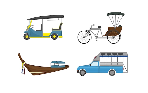 Vetor tailandês tuk tuk songteaw longboat tailândia bicicleta táxi vista lateral ilustração