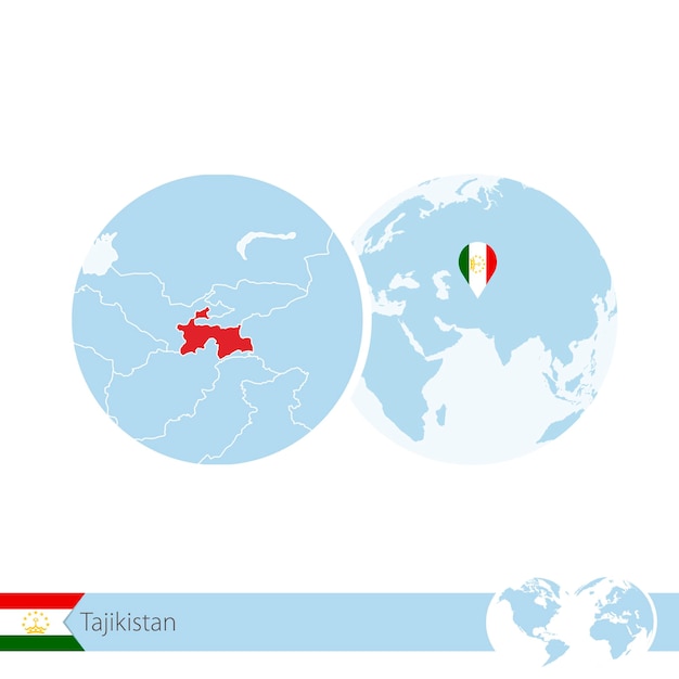 Tajiquistão no globo do mundo com bandeira e mapa regional do tajiquistão. ilustração vetorial.