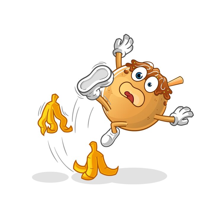 Vetor takoyaki escorregou em vetor mascote de banana cartoon