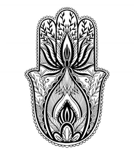 Talismã mágico hamsa religião asiática. Gráfico de cor preto no fundo branco. Motivo da tatuagem.