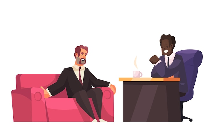 Talk show político com convidado no sofá e apresentador na ilustração de mesa