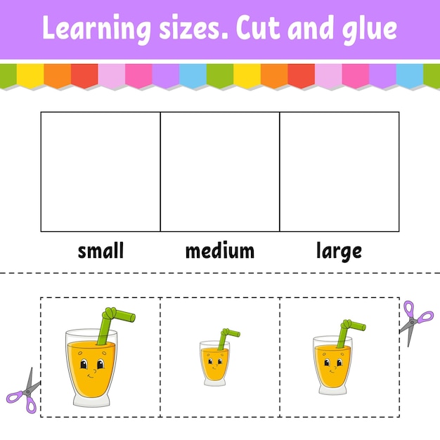 Tamanhos de aprendizagem cortar e colar nível fácil planilha de atividades de cores jogo para crianças personagem de desenho animado