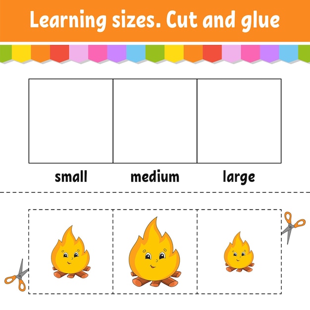 Tamanhos de aprendizagem cortar e colar nível fácil planilha de atividades de cores jogo para crianças personagem de desenho animado