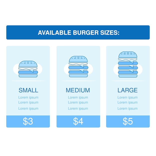 Vetor tamanhos de hambúrguer escolha o seu pacote