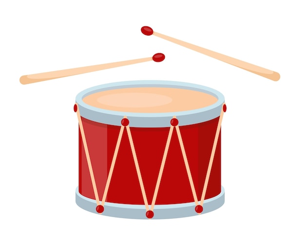 Tambor vermelho brilhante com baquetas de madeira isoladas em fundo branco Instrumento musical de ícone de bateria