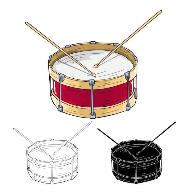 Vetor tambor vermelho e ilustração vetorial de baquetas de madeira