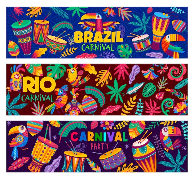 Vetor tambores da festa de carnaval do rio brasileiro papagaios palma