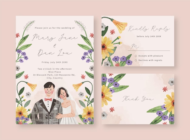 Tamla de convite de casamento com ilustração de casal desenhada à mão fofa e aquarela floral