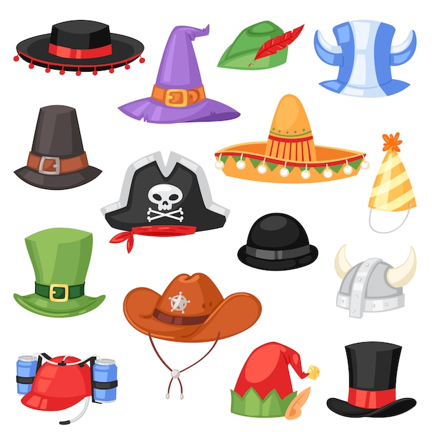 Tampão cômico de chapéu dos desenhos animados para comemorar a festa de aniversário ou Chrisrmas com conjunto de ilustração de chapelaria ou chapelaria de cowboy de chapelaria engraçada