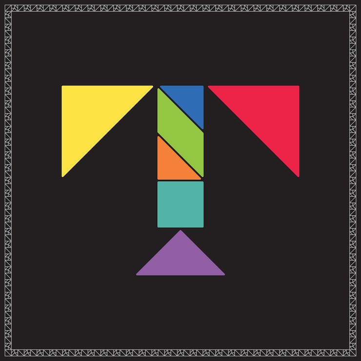 Vetor tangram puzzle letra t alfabeto ilustração geométrica colorida