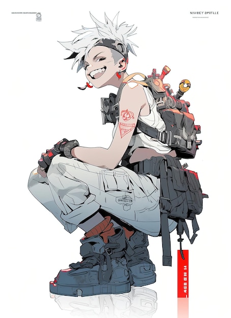 Tank girl com um enorme sorriso se abaixa na página do livro para colorir