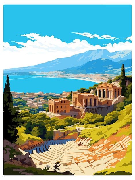 Taormina itália cartaz de viagem vintage souvenir cartão postal retrato pintura ilustração wpa