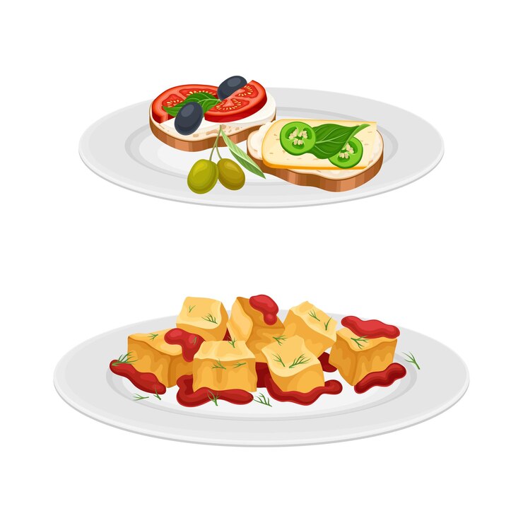 Vetor tapas com molho e sanduíche com queijo e azeitona como conjunto vetorial de pratos da culinária espanhola