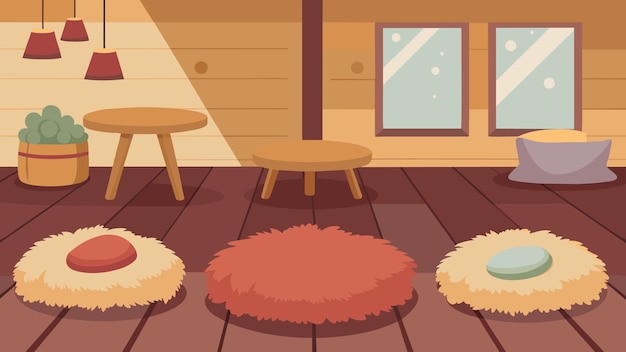 Vetor tapetes macios e fofinhos e almofadas de chão são colocados no chão de madeira, convidando os clientes a começarem