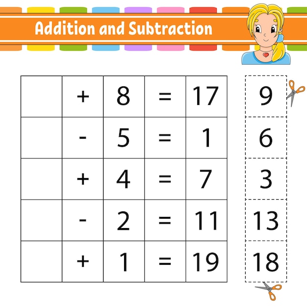 Tarefa de adição e subtração para crianças recortar e colar planilha de desenvolvimento educacional página de atividades