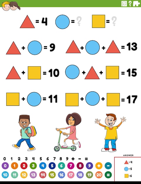 Vetor tarefa educacional de adição matemática com personagens infantis