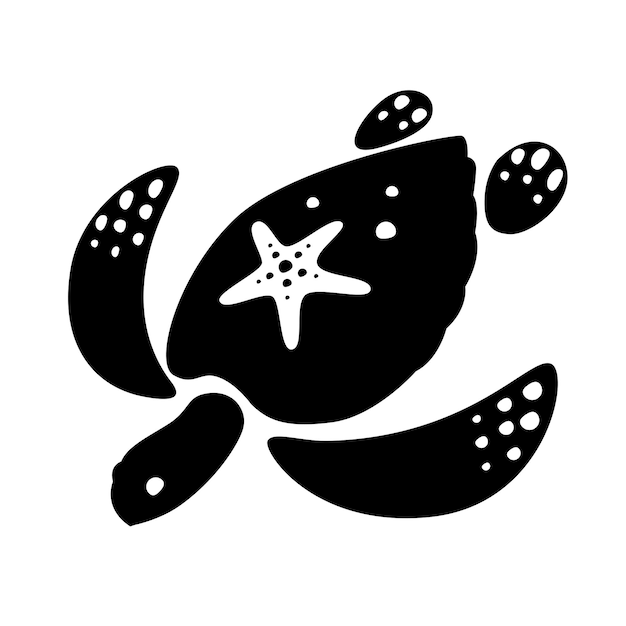 Tartaruga do mar negro desenhando com estrela do mar no símbolo de tartaruga nadando em fundo branco