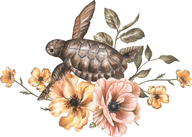 Tartaruga em um quadro de ilustração em aquarela de flores.