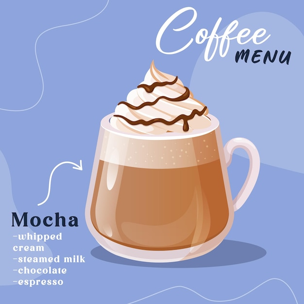 Tasty aromatic mocha cup coffee Beverage cafe menu design